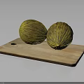 Two Fresh Yellow Green Striped Melons Placed on a Wooden Cutting Board