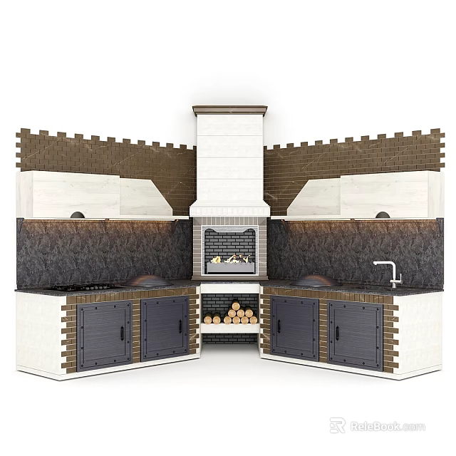 Rustic Kitchen Cookware Setup With Brick Wall Cabinets Stove And Range Hood 3d model