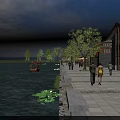 Traditional Style Commercial Street With Riverside Pedestrians Trees And Outdoor Seating