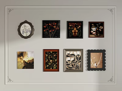 Abstract Paintings Wall Display With Various Frames And Artistic Decorative Styles 3d model