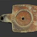 Ancient Rustic Square Clay Artifact With Handle And Central Hole Worn Surface