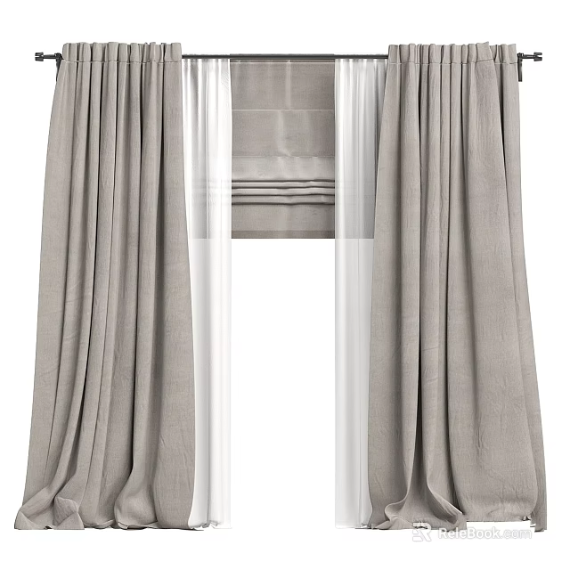 Gray Pleated Linen Curtains With White Sheer Voile Panels For Home Window Decor 3d model 
