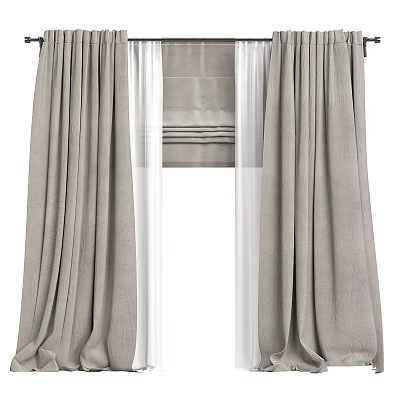 Gray Pleated Linen Curtains With White Sheer Voile Panels For Home Window Decor 3d model