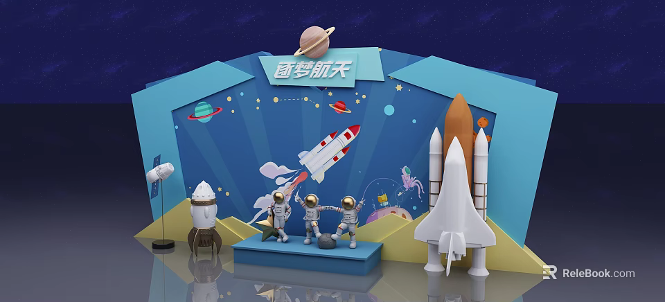 Creative Space Themed Exhibition Setup With Astronauts Rocket Planets And Satellite 3d model