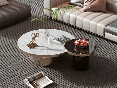 Round Coffee Table With Marble Top Black Base In Living Room Leather Sofa And Decorative Plants 3d model
