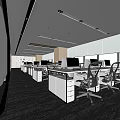 Modern Public Office Workspace Featuring Office Desks Ergonomic Chairs Computers And Large Windows 3d model