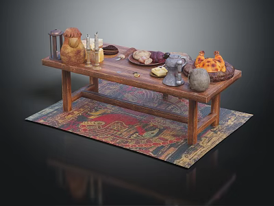 Wooden Dining Table With Food Platters Bottles And Decorative Items On Patterned Rug 3d model
