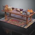 Wooden Dining Table With Food Platters Bottles And Decorative Items On Patterned Rug