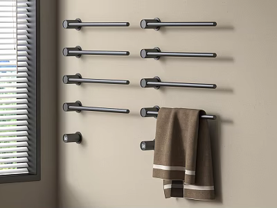 Modern Bathroom Wall Mounted Towel Racks With Multiple Metal Rods Hanging Brown Towel 3d model