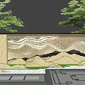 Chinese Style Scenic Wall With Mountain Water Relief And Green Plants In Garden