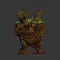 Nature Inspired Wooden Creature Character With Green Moss Orange Accents Horn Protrusions And Rooted Base