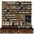Wooden Bar Shelves Display Various Wine Bottles And Wine Glasses With Chalkboard Menu
