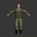 Military Character In Camouflage Uniform With Green Tactical Vest And Arms Outstretched Against Gray Background