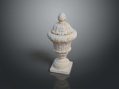 Elegant White Decorative Vase With Gold Accents Carved Patterns And Square Base For Home Decor 3d model