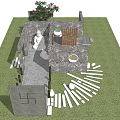 Stone Feature Wall With Wooden Doors Decorative Openings And Green Lawn