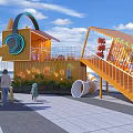 Bright Yellow Container Building With Cat Face Headphones Bear Sculpture And People Under Blue Sky