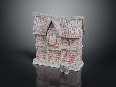 Red Brick Vintage Building With Weathered Roof And Small Barrels In Rustic Style 3d model
