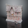 Red Brick Vintage Building With Weathered Roof And Small Barrels In Rustic Style
