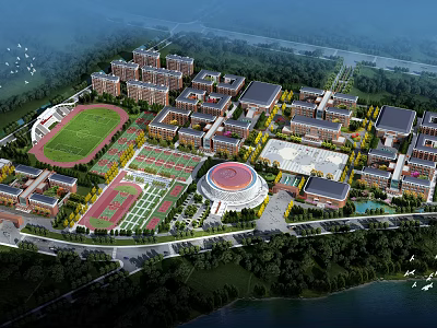 Modern School Campus Buildings Featuring Football Field Gymnasium And Green Landscape Design 3d model