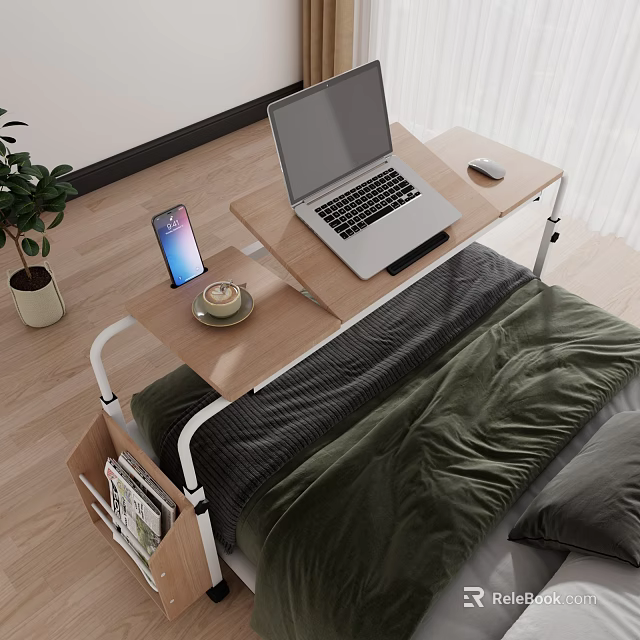 Bed Desk With Laptop Mouse Phone Coffee Cup And Plant In Bedroom With Green Blanket 3d model 