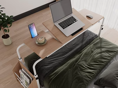 Bed Desk With Laptop Mouse Phone Coffee Cup And Plant In Bedroom With Green Blanket 3d model