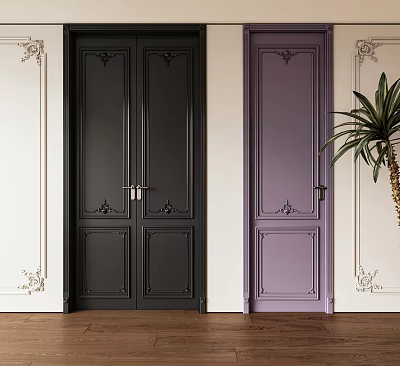 Decorative Black And Purple Double Doors On White Wall With Wooden Floor And Palm Plant 3d model