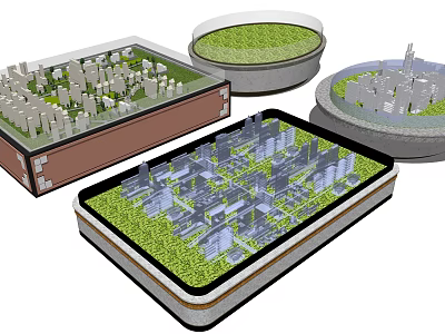 Modern Commercial Equipment Displaying Miniature City Models And Green Grass Areas 3d model