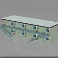 Two Story Building Featuring White Roof Red Edge Blue Railings Stairs Multiple Windows And Reflection