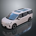 White Modern Electric MPV with Panoramic Sunroof Sleek Design and Alloy Wheels on Reflective Surface