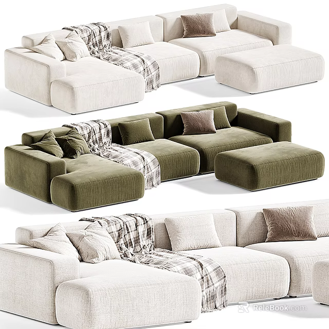 Modern Sectional Sofa With Multiple Colors Comfortable Pillows And Plaid Blankets 3d model