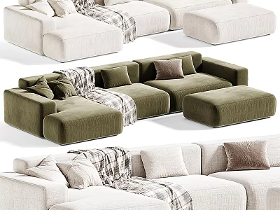 Modern Sectional Sofa With Multiple Colors Comfortable Pillows And Plaid Blankets 3d model