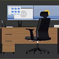 Modern Office Workstation With Wooden Desk Dual Monitors And Ergonomic Chair