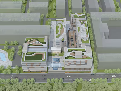 Modern Office Building Design With Green Roof Central Courtyard And Trees Along Road 3d model