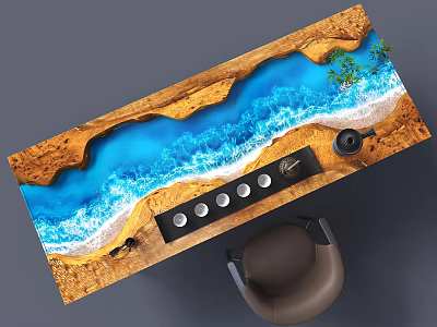 Creative Resin Solid Wood Tea Table with Blue Wave Design Brown Chair Tray and Coasters 3d model