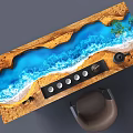 Creative Resin Solid Wood Tea Table with Blue Wave Design Brown Chair Tray and Coasters