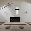 Serene Christian Worship Room Interior With Cross Skylight Wall Sconces Altar And Round Cushions