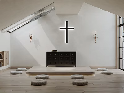 Serene Christian Worship Room Interior With Cross Skylight Wall Sconces Altar And Round Cushions 3d model
