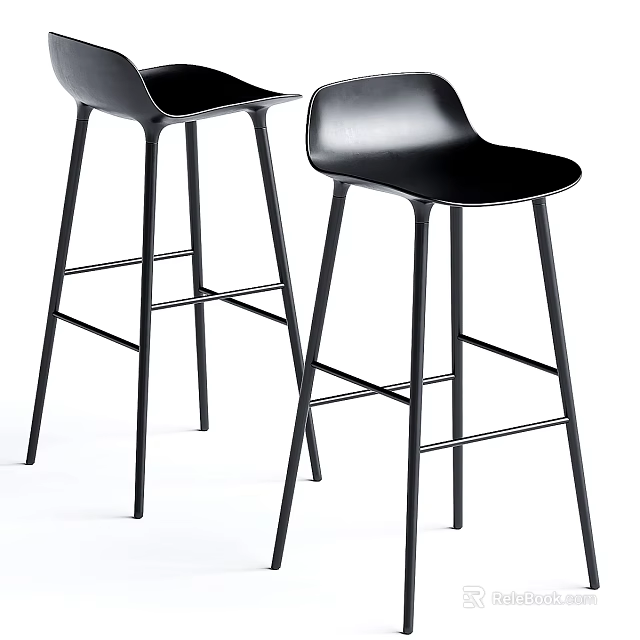 Sleek Modern Black Bar Stools with Sturdy Metal Frame and Ergonomic Curved Design 3d model 