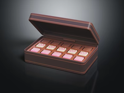 Delicious Open Chocolate Box With Pink And White Square Shaped Candies 3d model