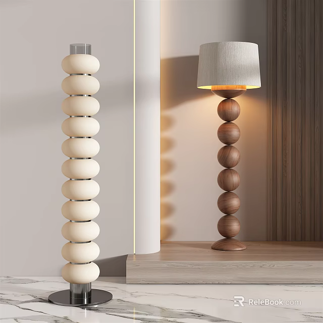 Modern Stylish Floor Lamp With White And Brown Round Stacked Design And Lampshade In Interior 3d model 