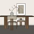 Modern Wooden Dining Table Set With Two Chairs White Ceramic Vase And Wall Art