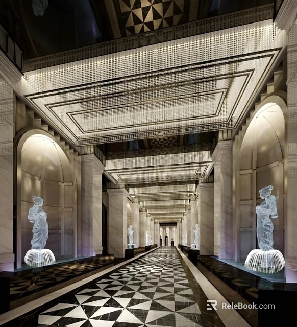 Elegant Elevator Hallway With Ornate Ceiling Crystal Decorations Marble Columns And Statues 3d model