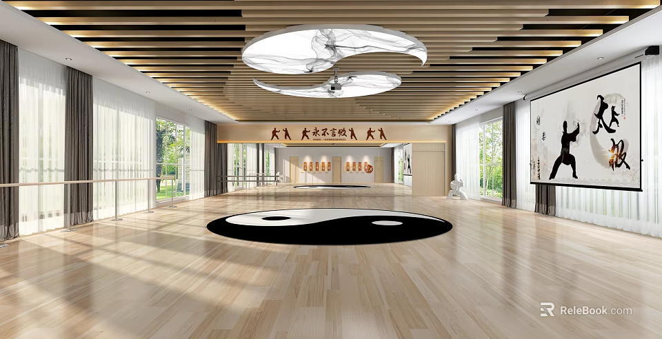Indoor Tai Chi Fitness Studio Featuring Yin Yang Mat And Wooden Flooring For Daily Practice 3d model 