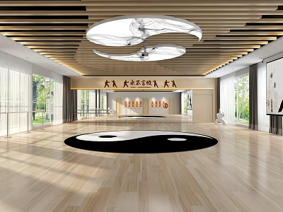 Indoor Tai Chi Fitness Studio Featuring Yin Yang Mat And Wooden Flooring For Daily Practice 3d model