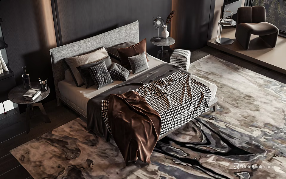 Modern Double Bed with Gray Headboard Multiple Pillows Checkered Quilt Brown Blanket and Abstract Rug 3d model 