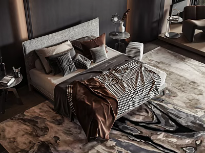 Modern Double Bed with Gray Headboard Multiple Pillows Checkered Quilt Brown Blanket and Abstract Rug 3d model