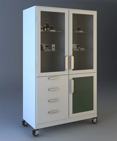 Modern Storage Cabinet With Glass Doors Drawers And Green Panel For Home Organization 3d model