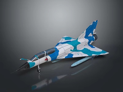 Blue White Camouflage Airplane Model With Pointed Nose Single Seat Tail Fin Wings And Missile 3d model