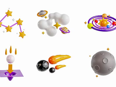 Colorful Cartoon Space Elements Featuring Stars Planets Rocket Comet And Moon 3d model