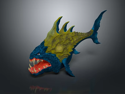 Blue And Yellow Monster Fish With Spiked Dorsal Fin And Sharp Teeth 3d model